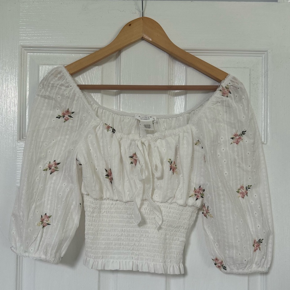 White Puff Sleeve Smocked Blouse with Tie Front